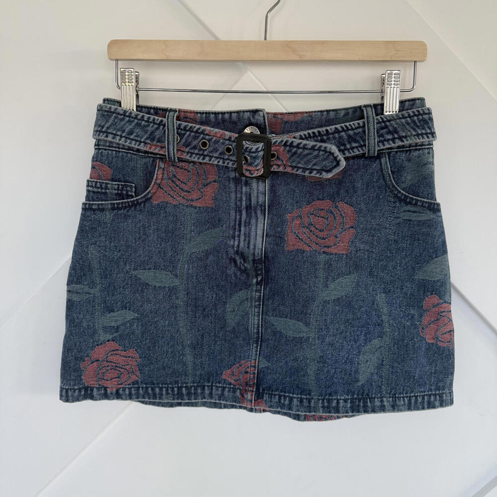 Opening Ceremony Denim Mini Skirt with Rose Print and Belt